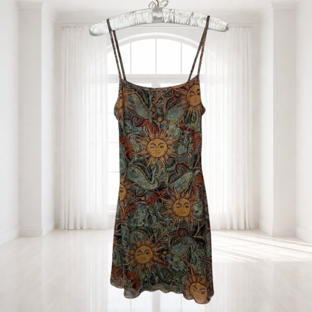 Shein Celestial Sun Print Mini Dress M | Y2K Boho Fairy Grunge Ruffle Hem - Picture 2 of 10